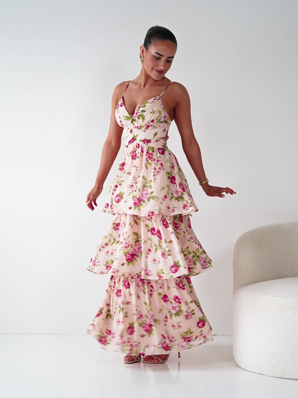 Pink Floral Tiered Maxi Dress with Spaghetti Straps